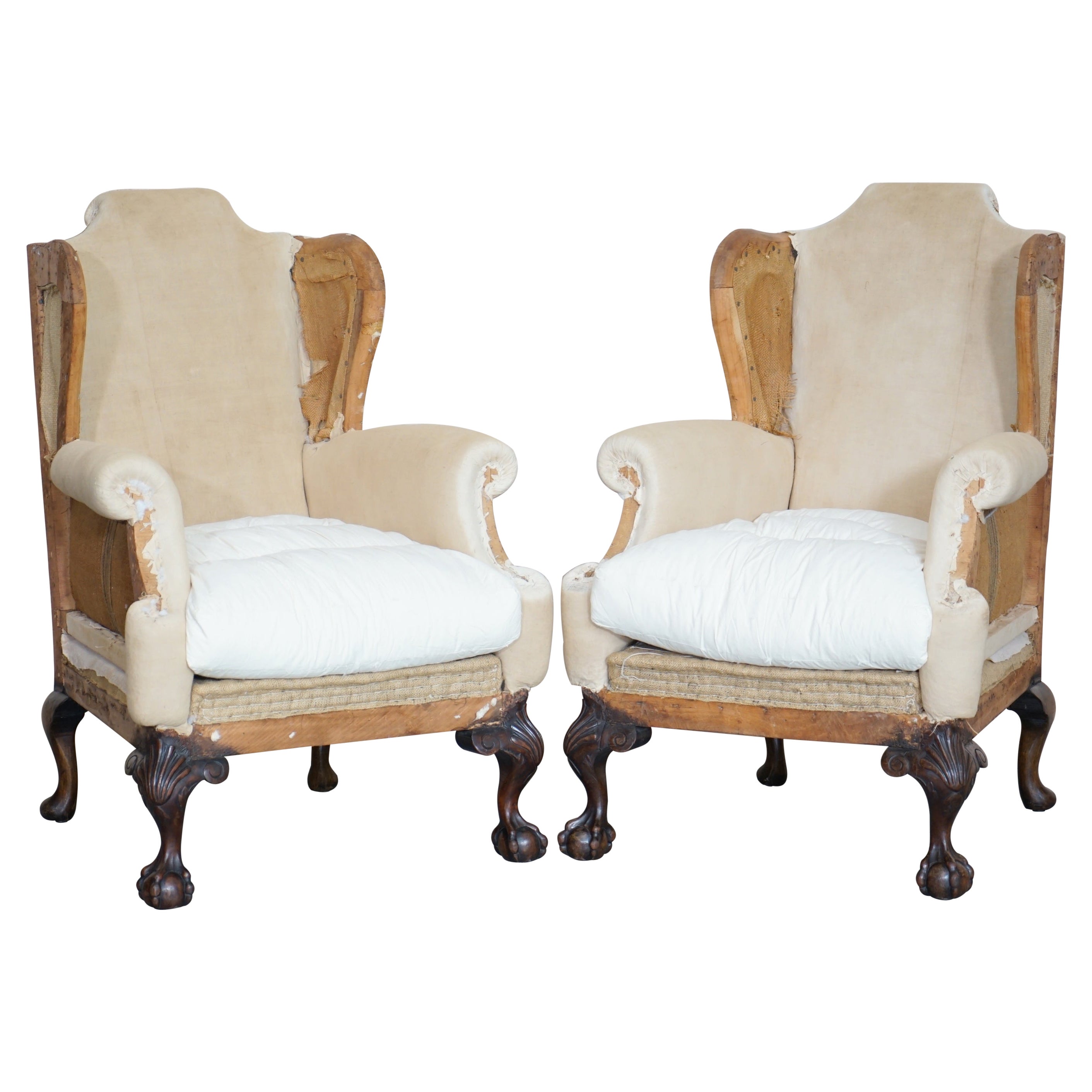 Pair of Antique Victorian Deconstructed Wingback Armchairs with Claw & Ball Feet