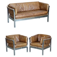 Vintage Rare Halo Groucho Brown Leather & Chrome Framed Sofa & Pair of Armchairs Suite