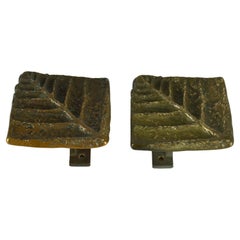 Vintage Architectural Pair of Square Bronze Push Pull Door Handles with Nature Relief