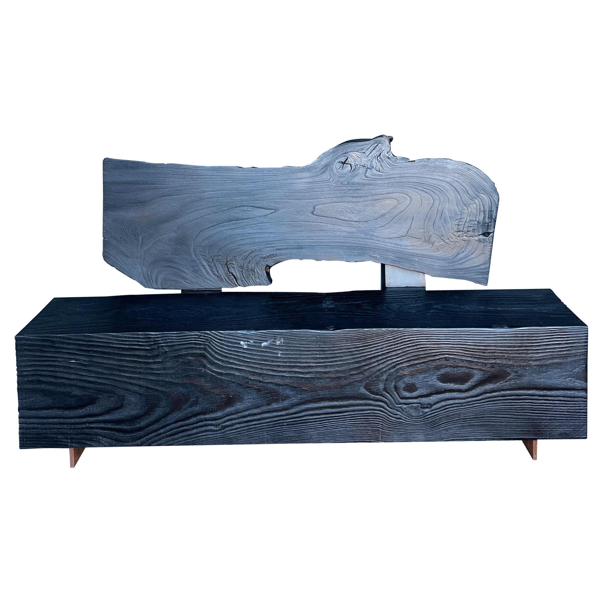 Shou Sugi Ban Holzbank aus Kiefer Corten Stahl mit lebendiger Kante hinten von Alabama Sawyer