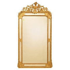 Antique Gilt Wall Mirror with Flowers and Cup, Gold Leaf Frame, XIX Century