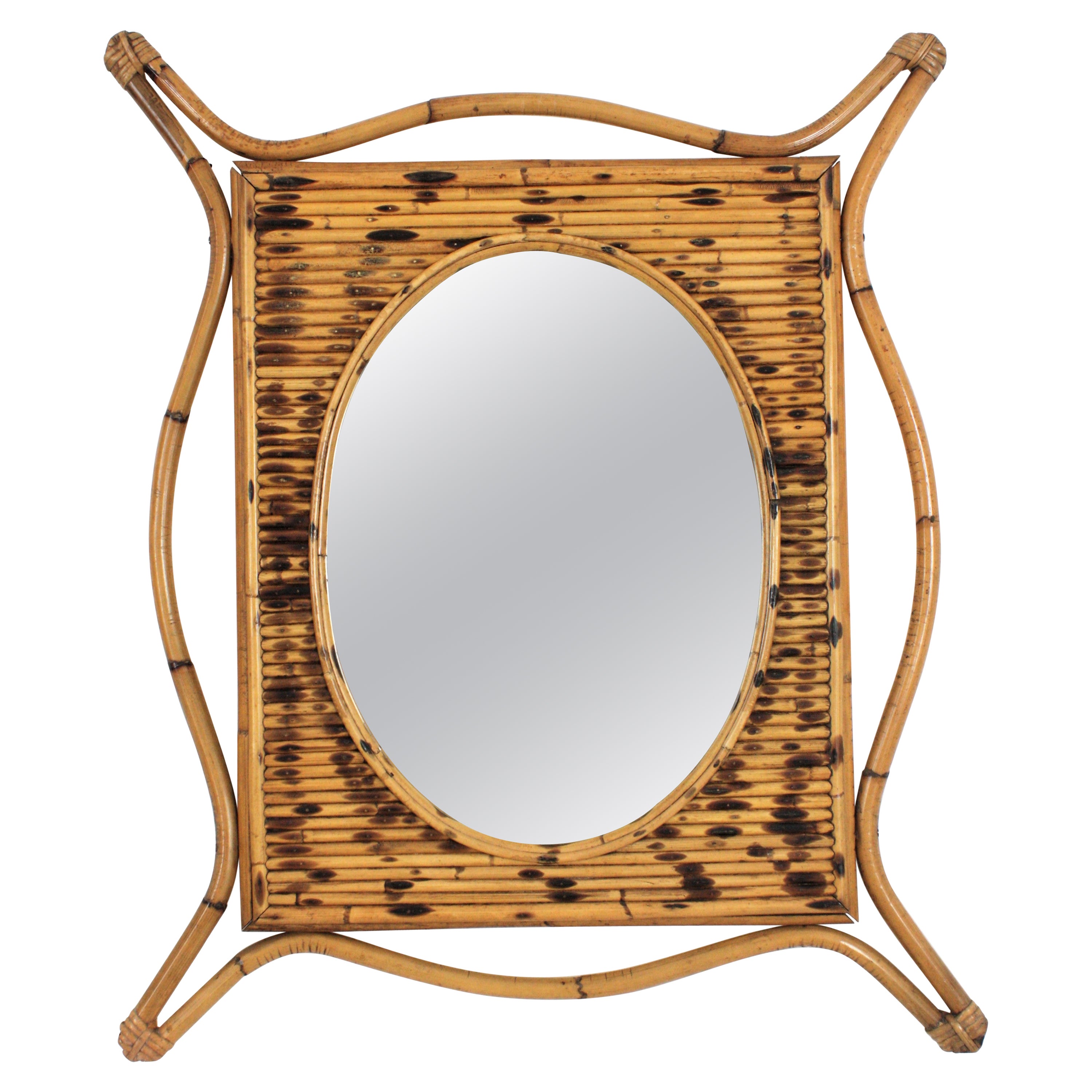 Rattan Bamboo Large Mirror with Split Reed Details, Spain, 1960s0s For Sale