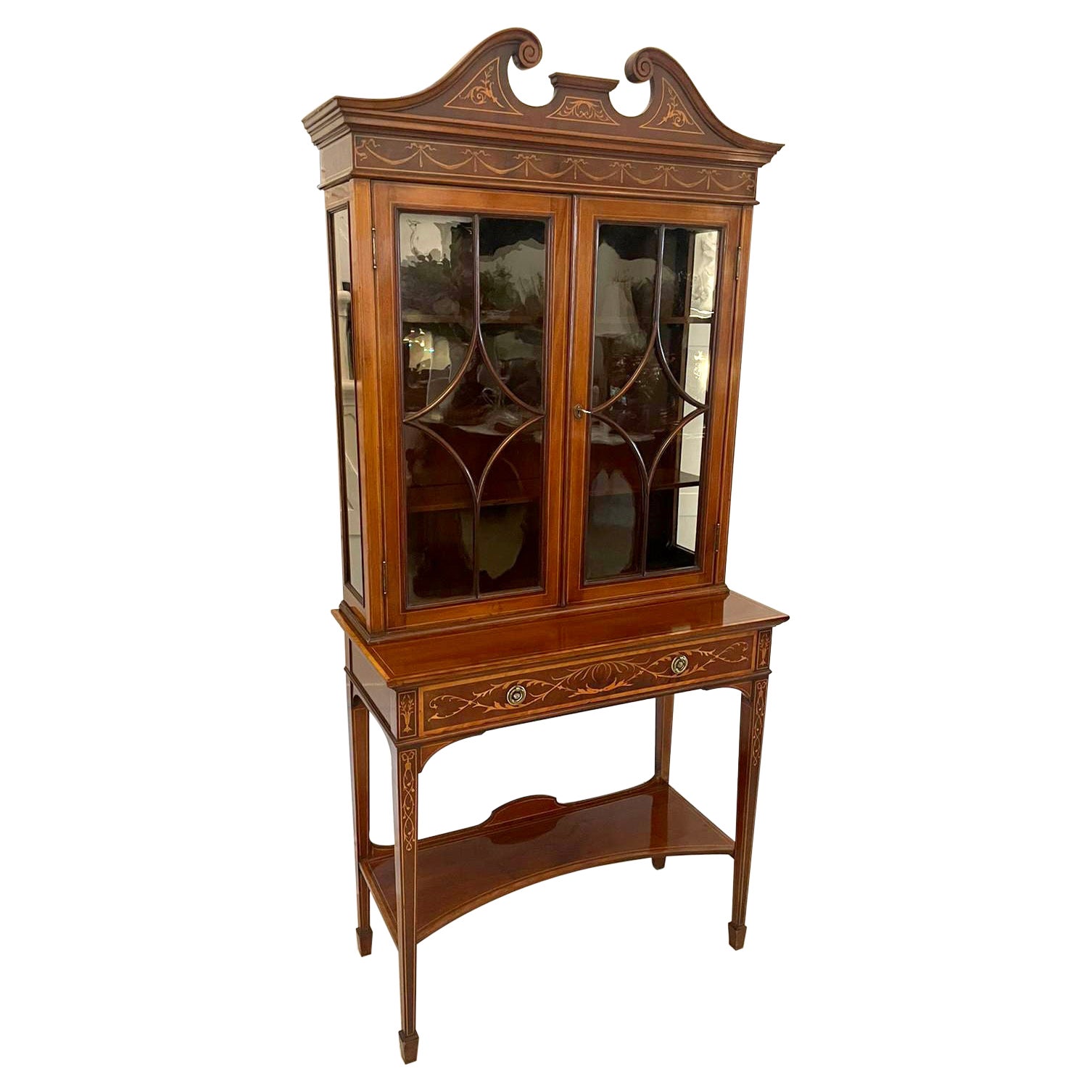 Quality Antique Mahogany Inlaid Display Cabinet by Edwards & Roberts, London For Sale