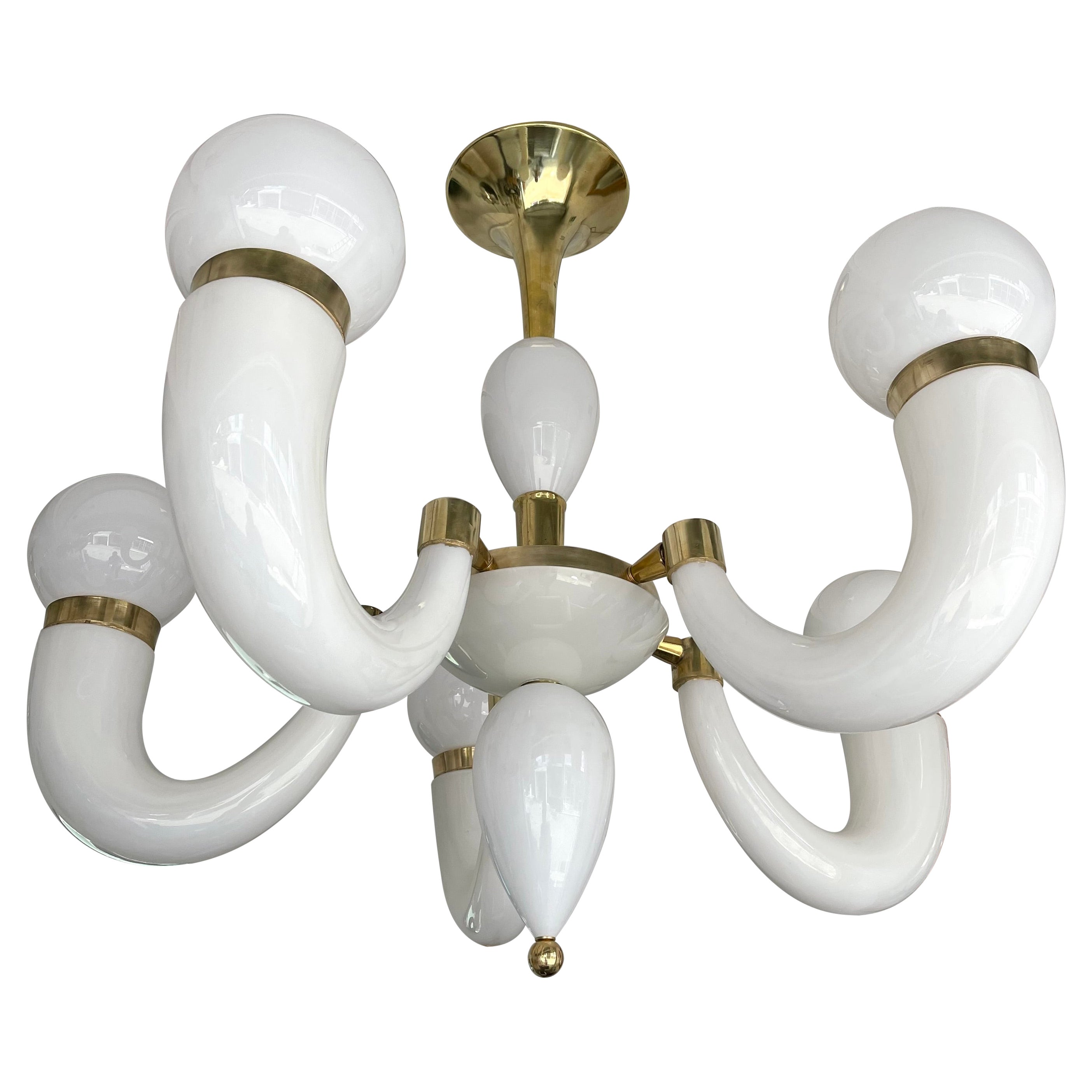 Large Contemporary Brass Chandelier White Horn Murano Glass, Italy