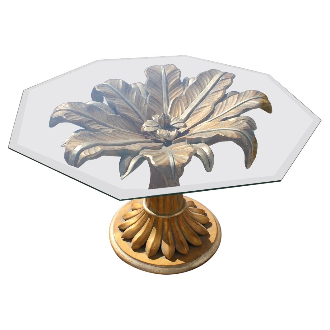 Decorative Dining Table Lotus Flower in Carved Wood and Golden Italy 1970 Glass  For Sale