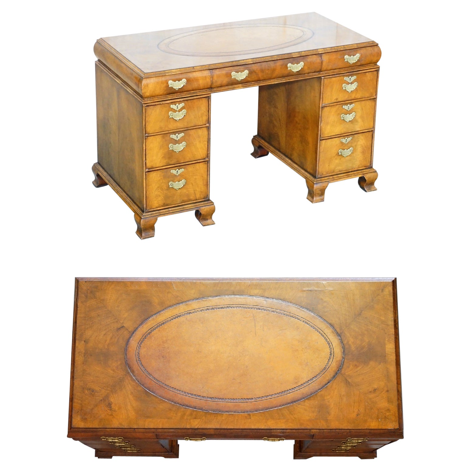 Fine Antique Victorian Burr Walnut Cushion Drawer Brown Leather Partner Desk For Sale