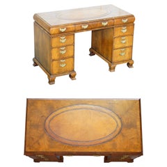 Fine Antique Victorian Burr Walnut Cushion Drawer Brown Leather Partner Desk
