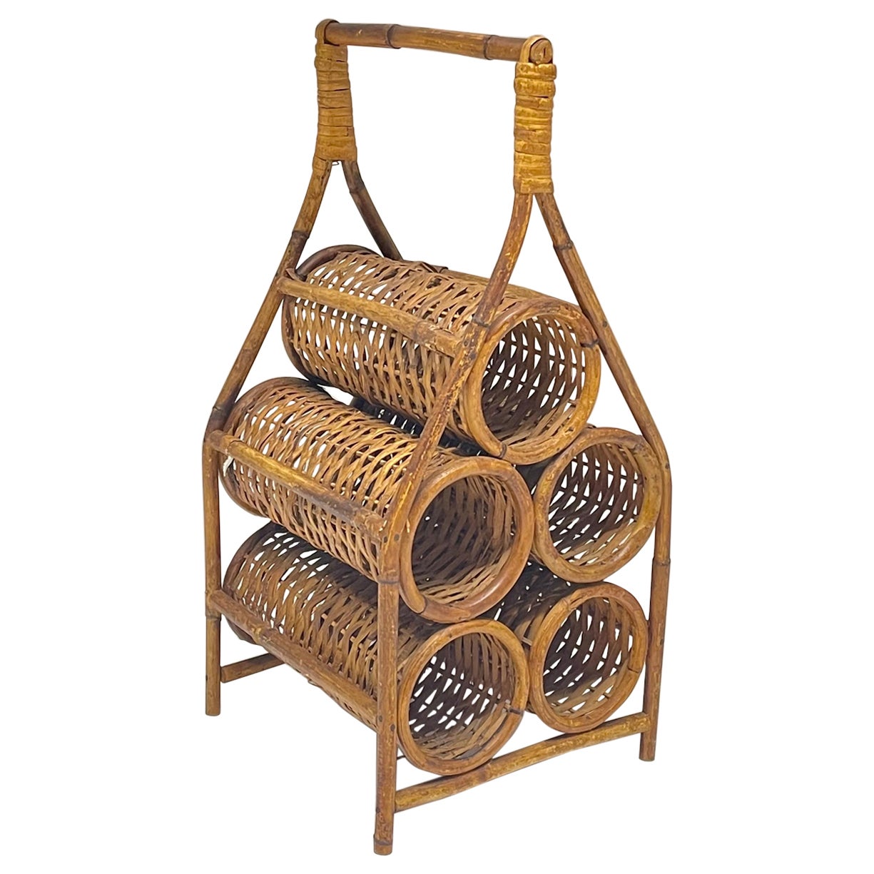 French Mid Century 5 Bottle Wicker Rattan and Bamboo Wine Holder or Rack For Sale