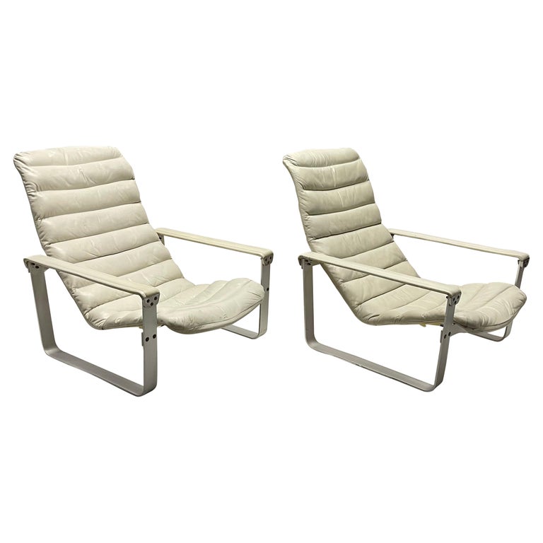 Pair of Ilmari Lappalainen "Pulkka" Adjustable Leather and Aluminum Lounge Chair For Sale