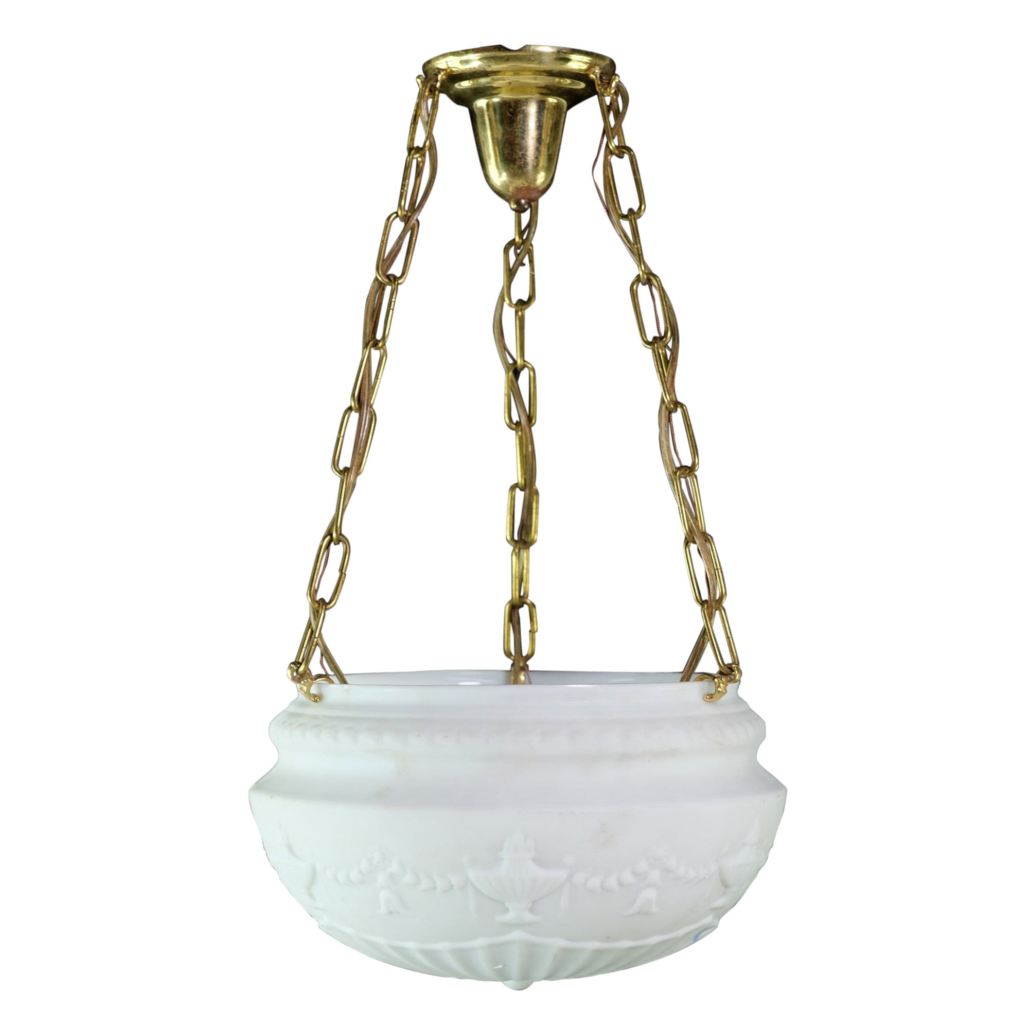 Tulips & Urns Cast Glass Dish Pendant Light w/ Fluted Bottom and Brass Hardware For Sale