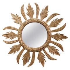 Vintage Mid-Century French Carved Silvered Painted Sunburst Mirror