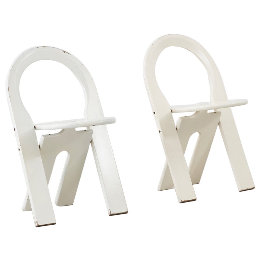Roger Tallon Pair of White Painted Wooden TS Folding Chairs, Edition Sentou