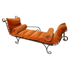 Antique 19th Century French Provincial Forged Steel Chaise with Orange Velour Cushion