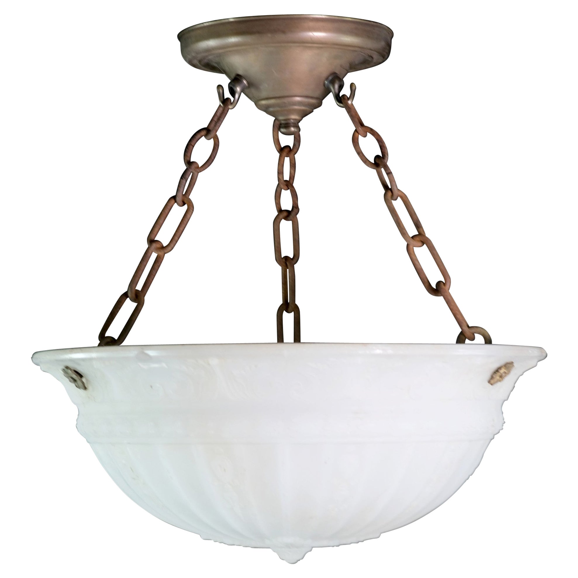 Antique Dish Pendant Light Fluted Cast Glass Brass Hardware and Chain Small Qty