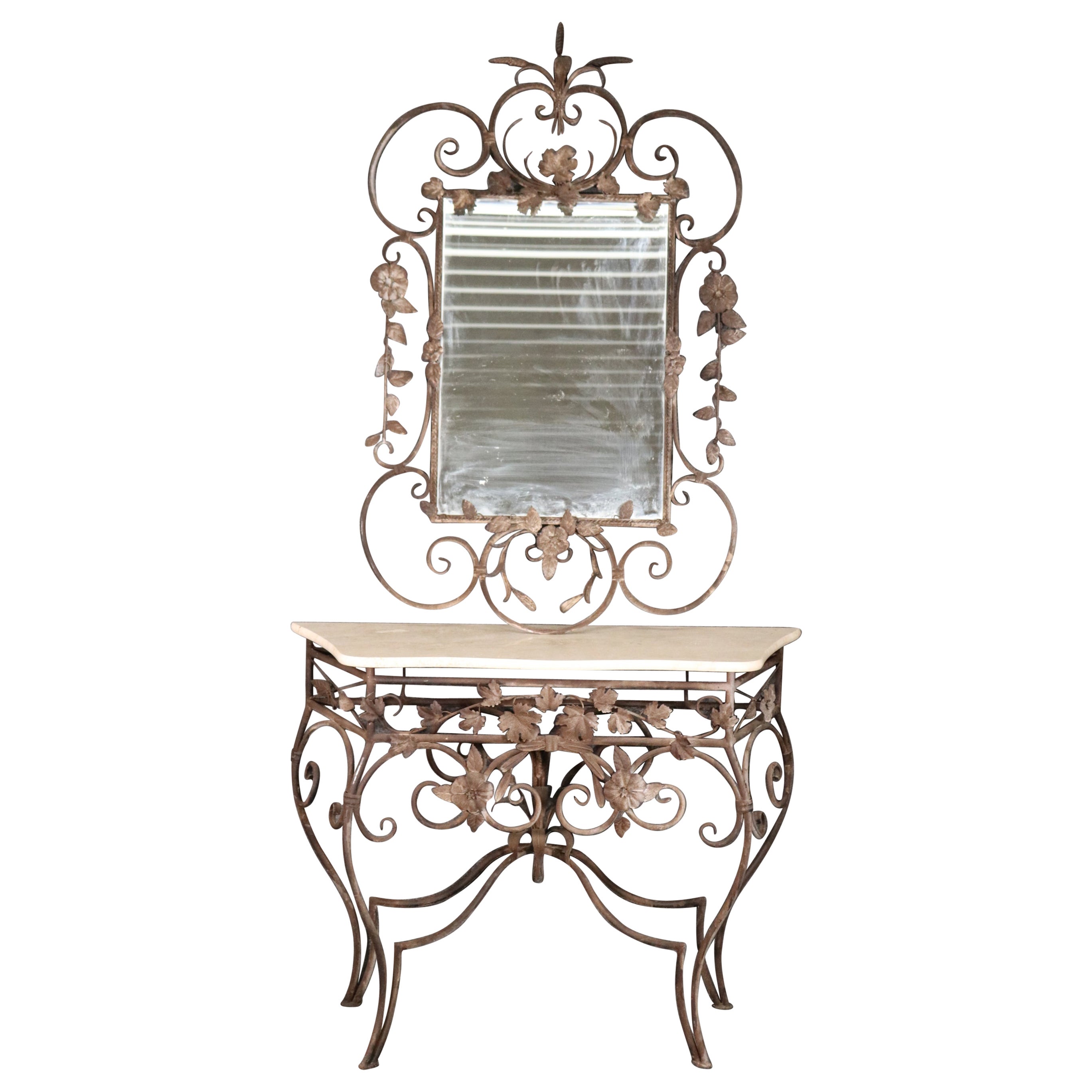 Italian Marble Top Wrought Iron Console Table and Matching Mirror, circa 1920s