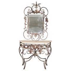 Italian Marble Top Wrought Iron Console Table and Matching Mirror, circa 1920s