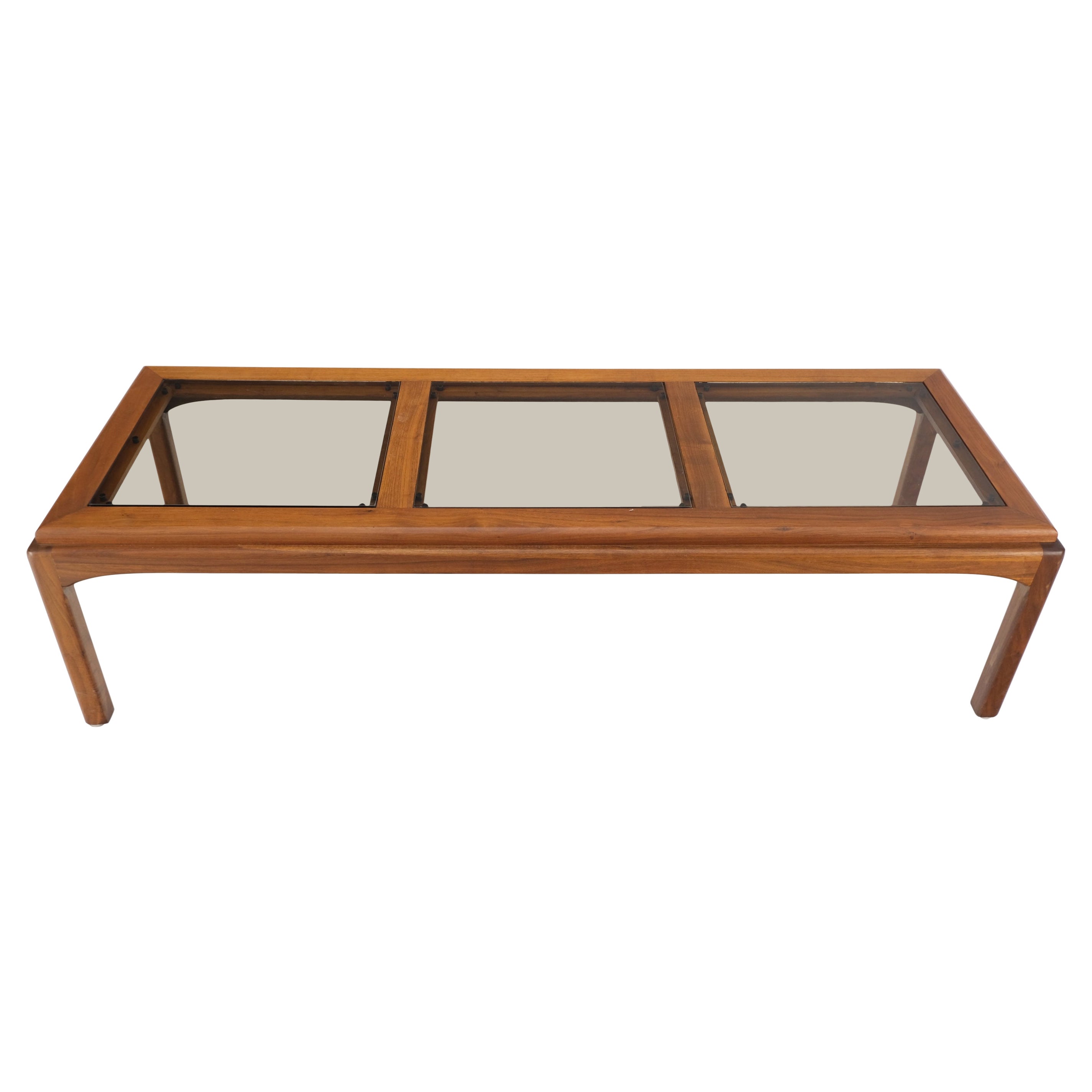 Large Rectangle 3 Smoked Glass Panes Top Solid Oiled Walnut Coffee Table MINT! For Sale