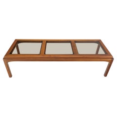 Used Large Rectangle 3 Smoked Glass Panes Top Solid Oiled Walnut Coffee Table MINT!