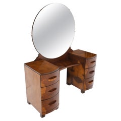 Vintage Bow Front Burl Wood Large Round Mirror Mid Century 6 Drawers Vanity Mint!