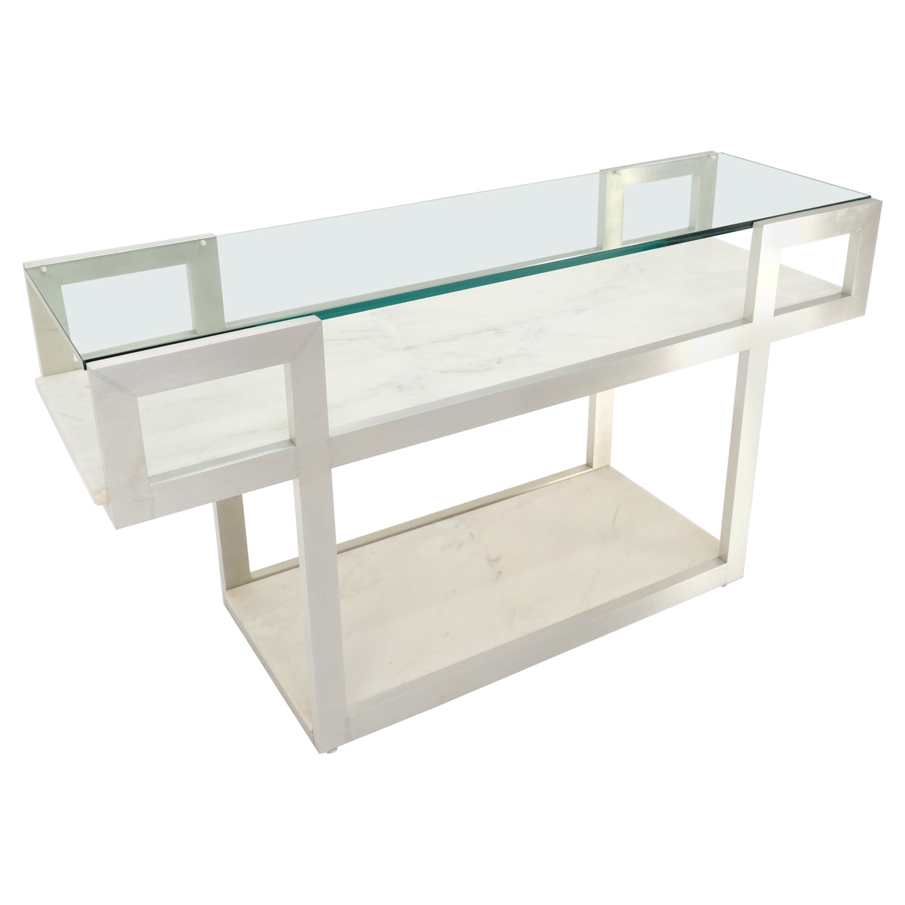 Console pour canapé mi-siècle avec cadre en aluminium et étagères en verre, deux étagères en marbre  en vente