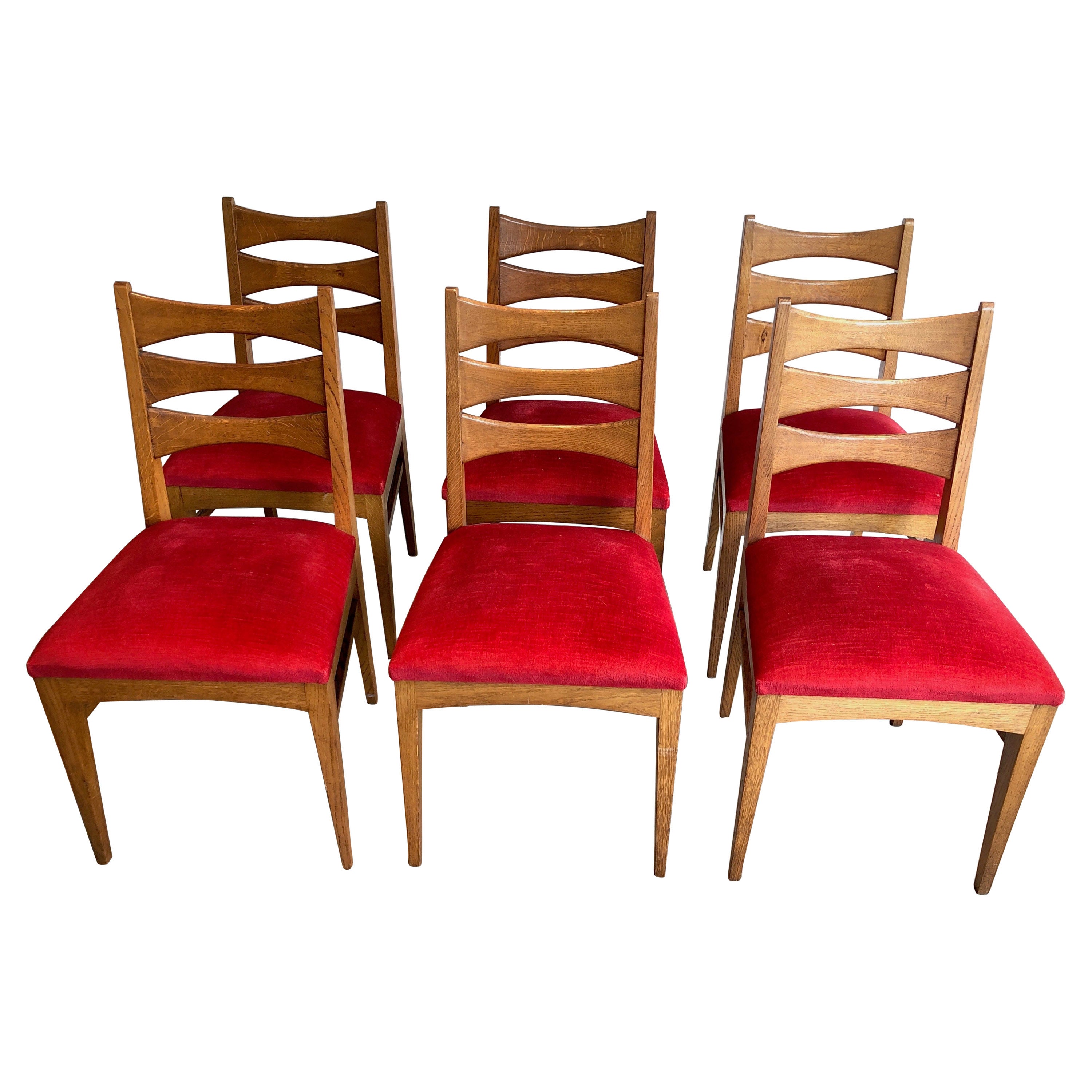Set of 6 Oak and Red Velvet Chairs. French Work, Circa 1950