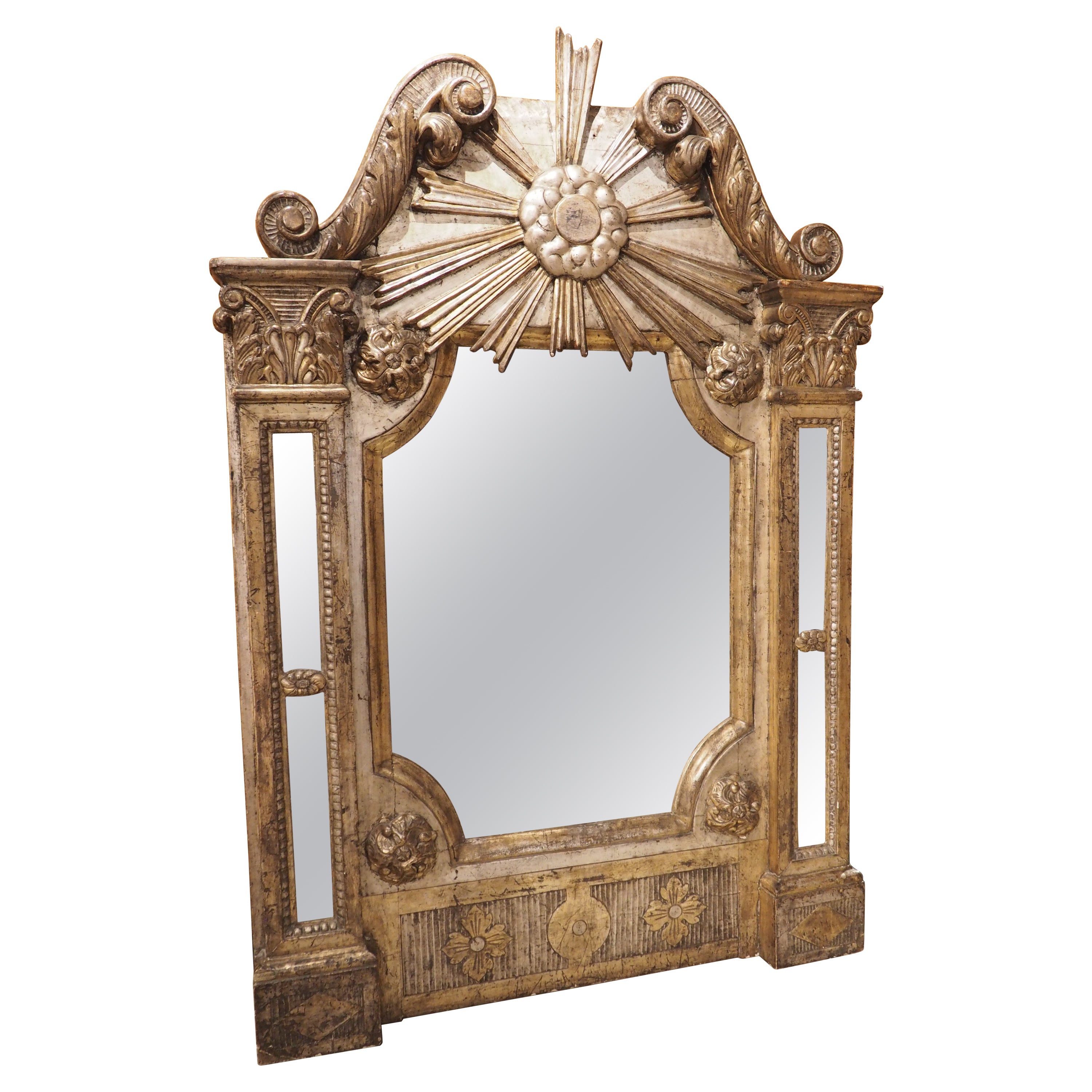 18th Century Italian Silvered and Giltwood Parecloses Mirror with Sunburst Crest For Sale