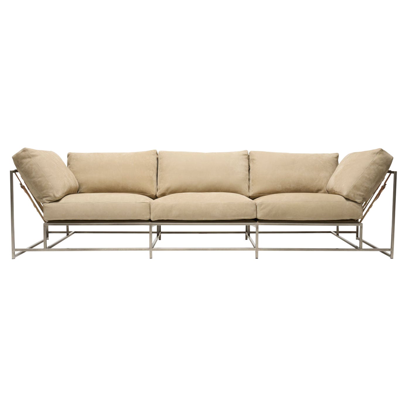 Natural Nubuck Leather and Antique Nickel Sofa For Sale