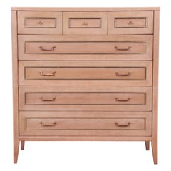 American of Martinsville Mid-Century Bleached Mahogany and Brass Highboy Dresser