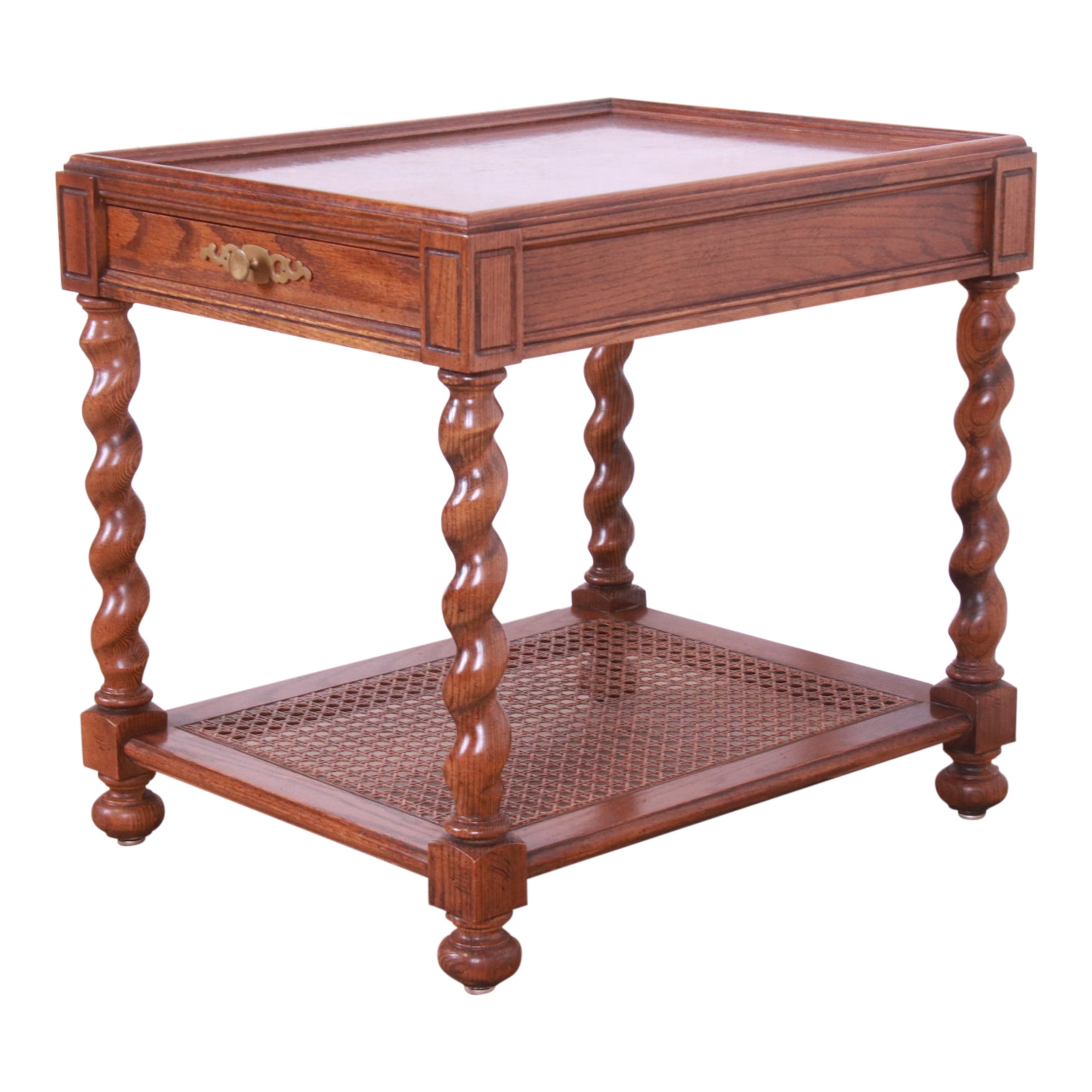 Baker Furniture English Barley Twist Oak, Burl, and Cane Tea Table For Sale