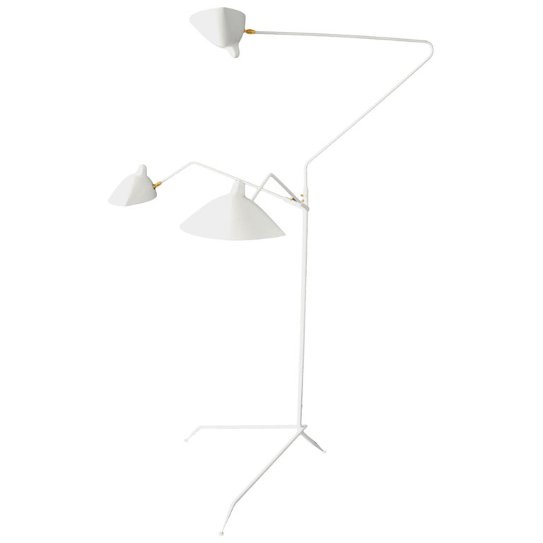 Serge Mouille Standing Floor Lamp with Three Arms in White For Sale
