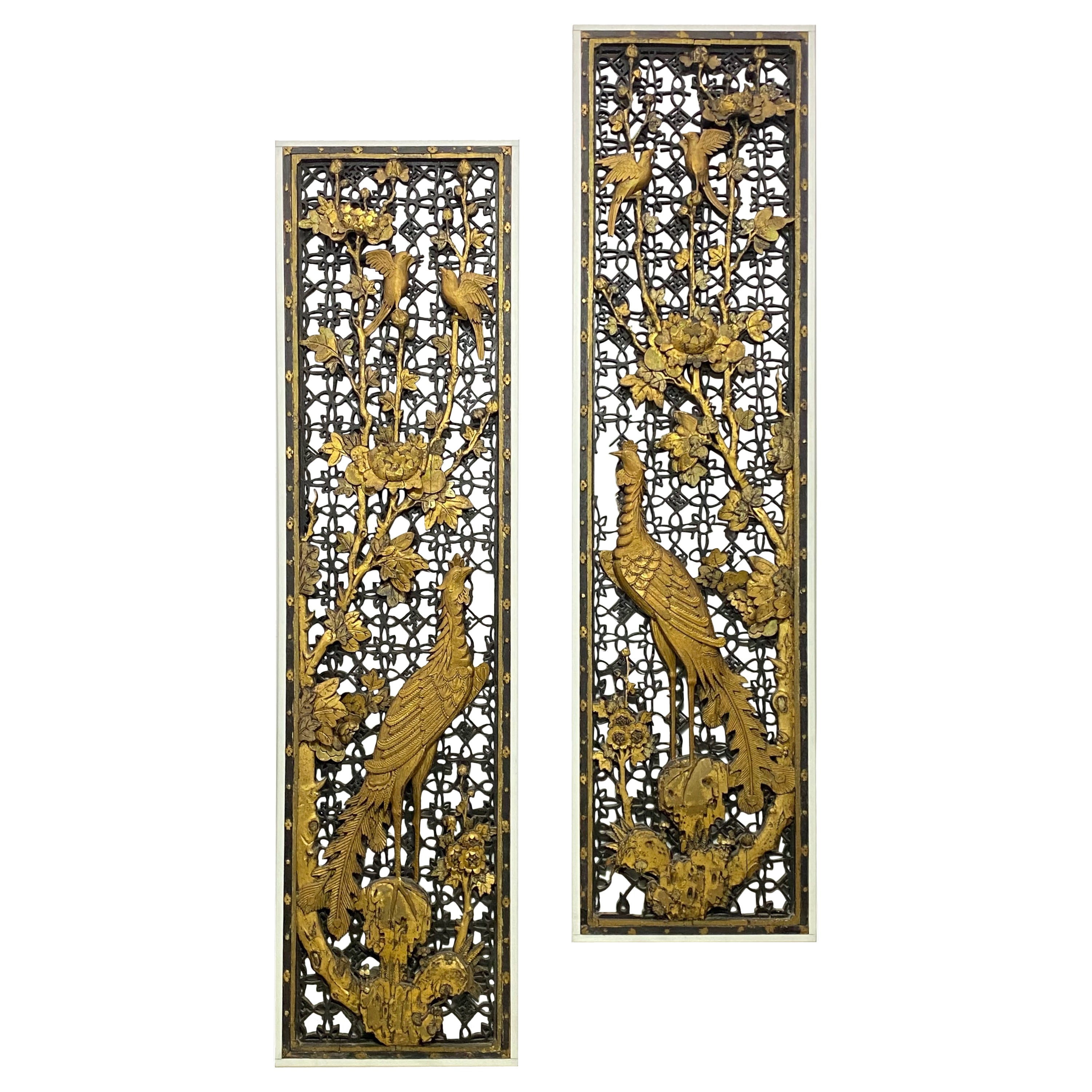 Pair of 19th Century Chinese Carved and Gilt Lattice Work Wall Panels