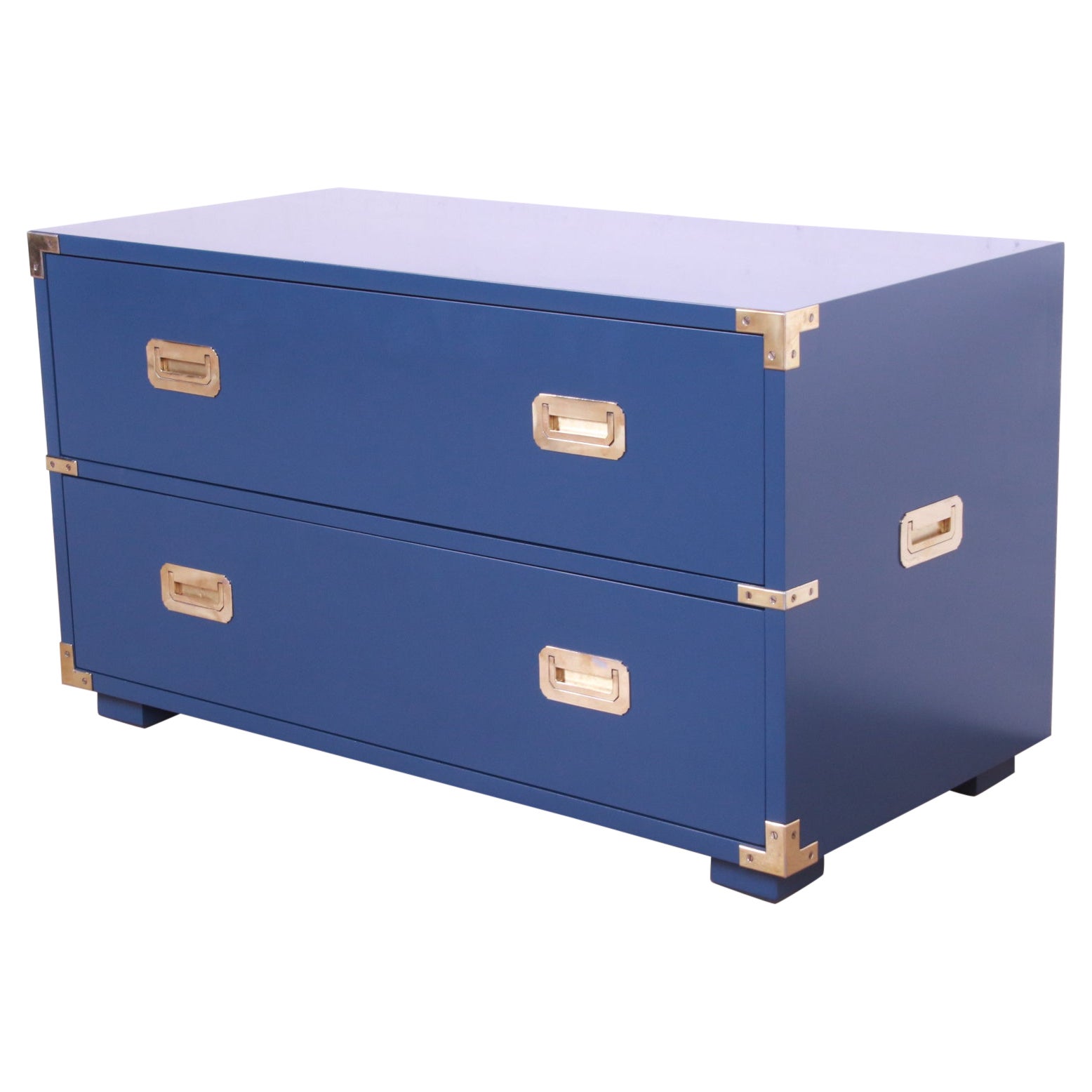 Henredon Hollywood Regency Campaign Blue Lacquered Chest of Drawers, Refinished