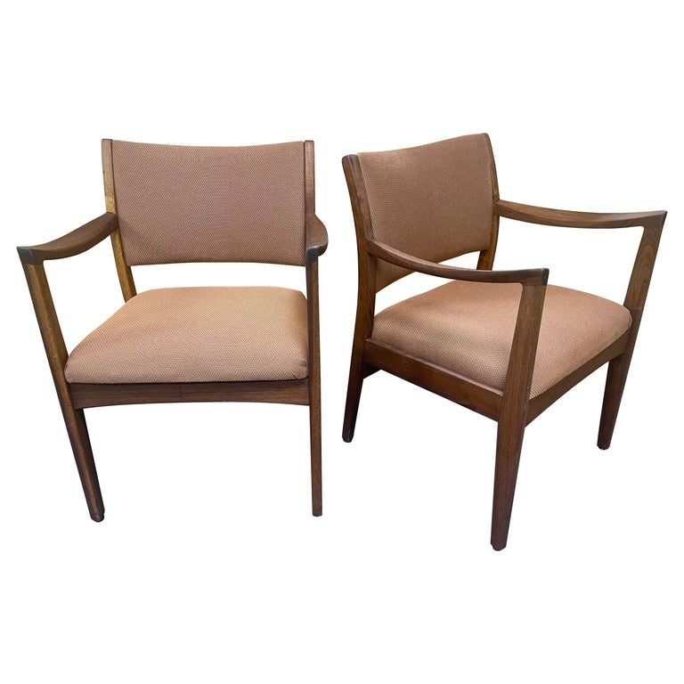 Pair of MCM Walnut Arm Chairs by Johnson Furniture Company in the Style of Risom For Sale