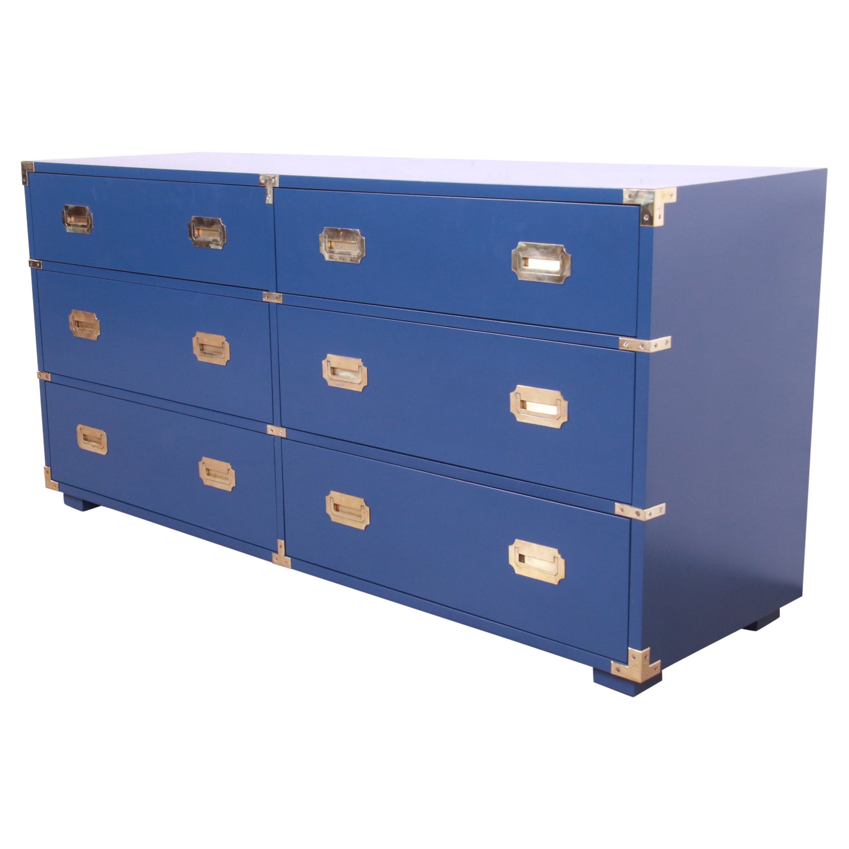 Henredon Hollywood Regency Campaign Blue Lacquered Dresser, Newly Refinished