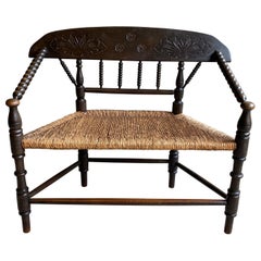 Antique English Bobbin Settee in Oak and Rush, 19th Century