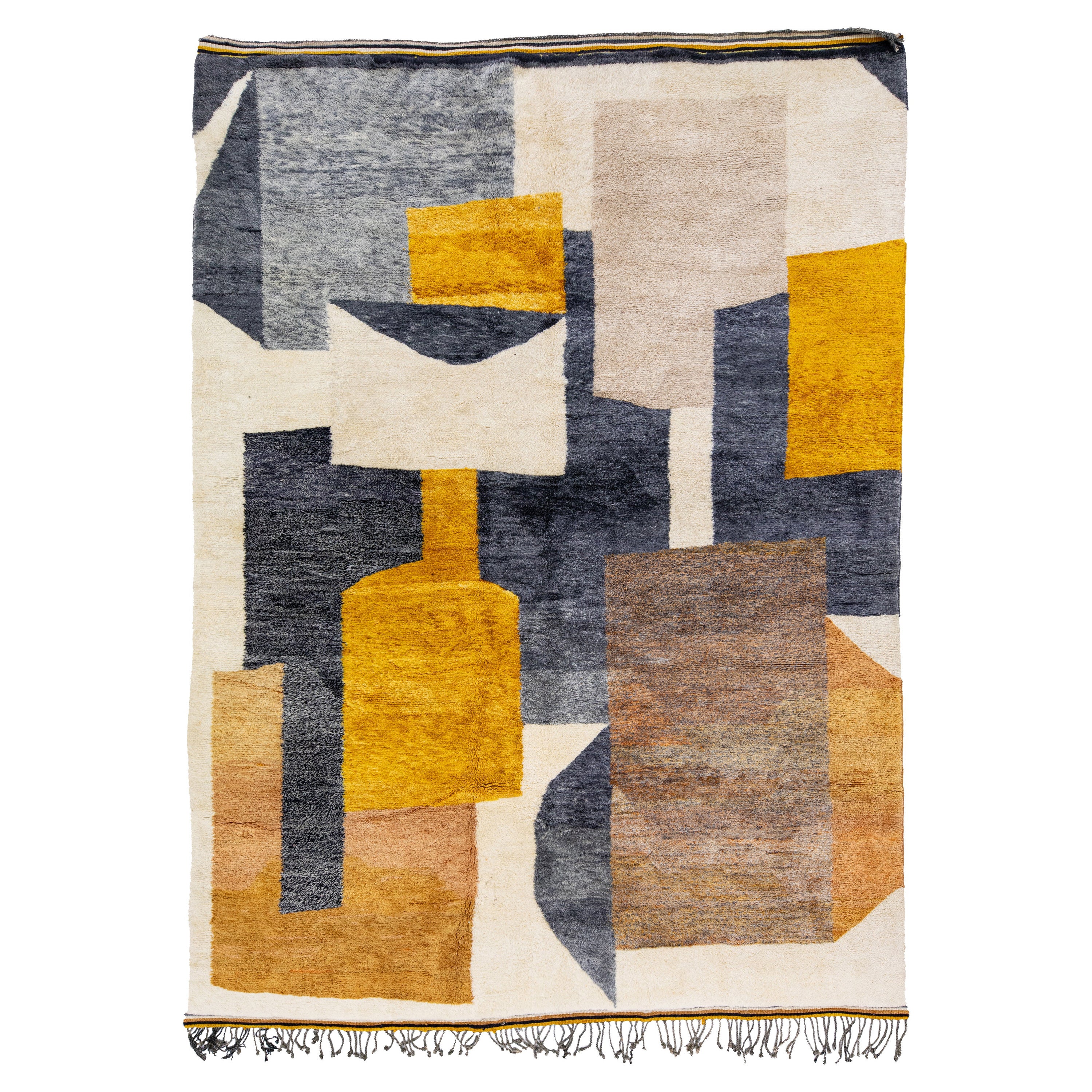 Modern Moroccan Beige Handmade Abstract Designed Wool Rug For Sale