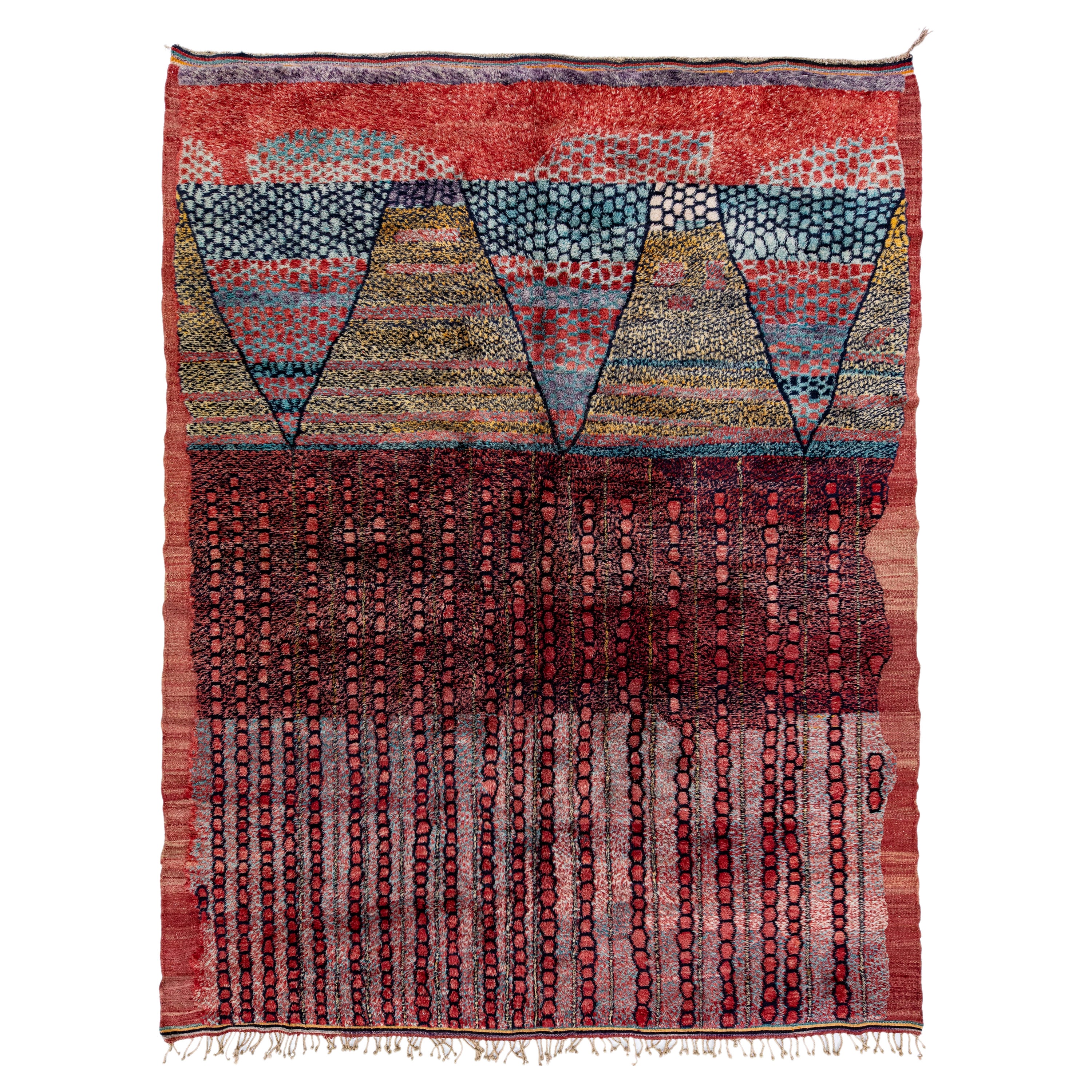 Tapis marocain moderne en laine multicolore, fait à la main, de taille normale, avec motif tribal