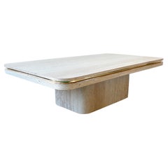 Vintage Postmodern Faux Travertine Laminate and Gold Coffee Table