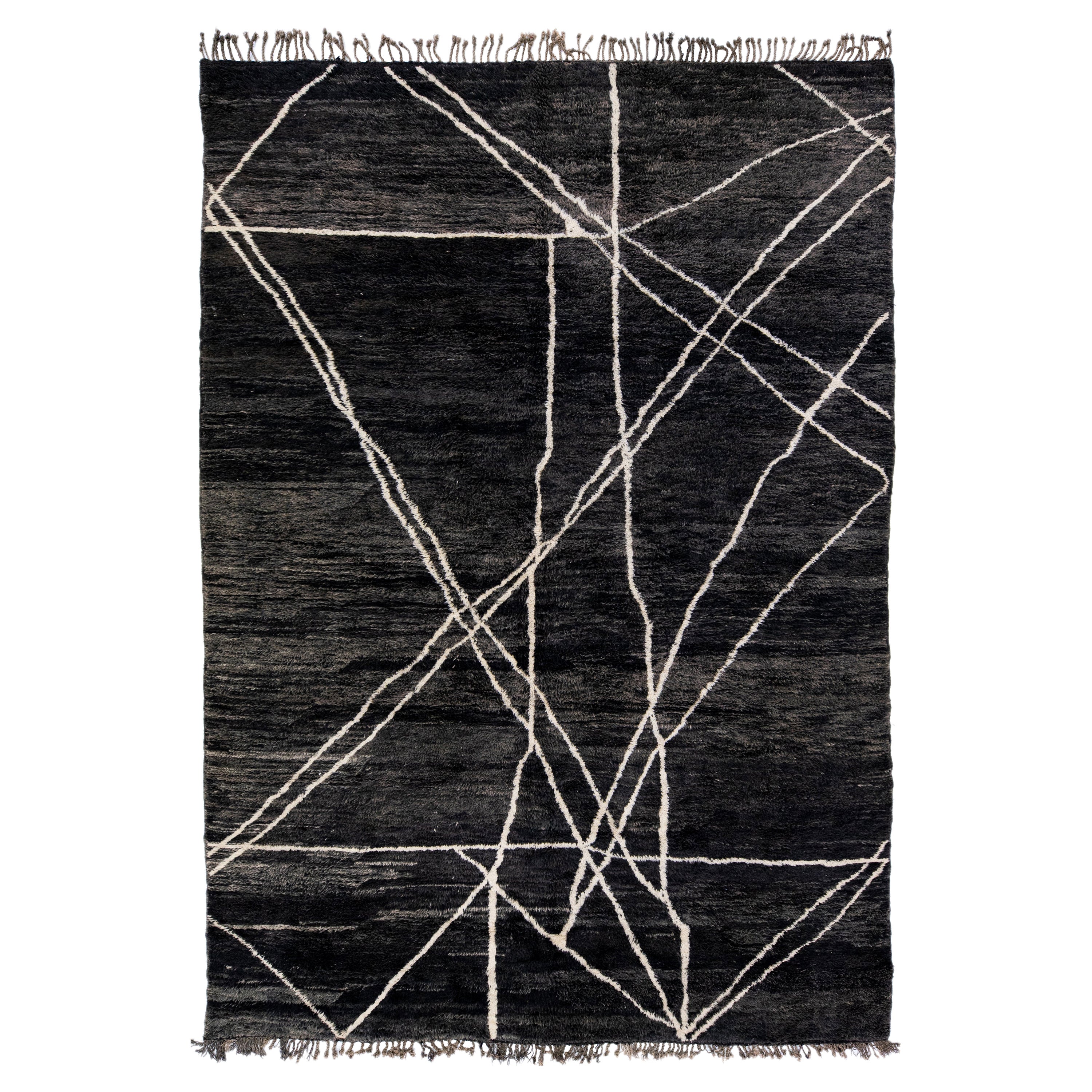 Modern Moroccan Handmade Charcoal Wool Rug with Tribal Design For Sale