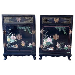 Oriental Black Lacquered and Hand Painted Shoe Cabinets/Side Tables, a Pair