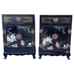 Vintage Oriental Black Lacquered and Hand Painted Shoe Cabinets/Side Tables, a Pair