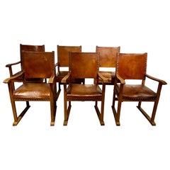 Distressed Leather and Oak Belgian Armchairs