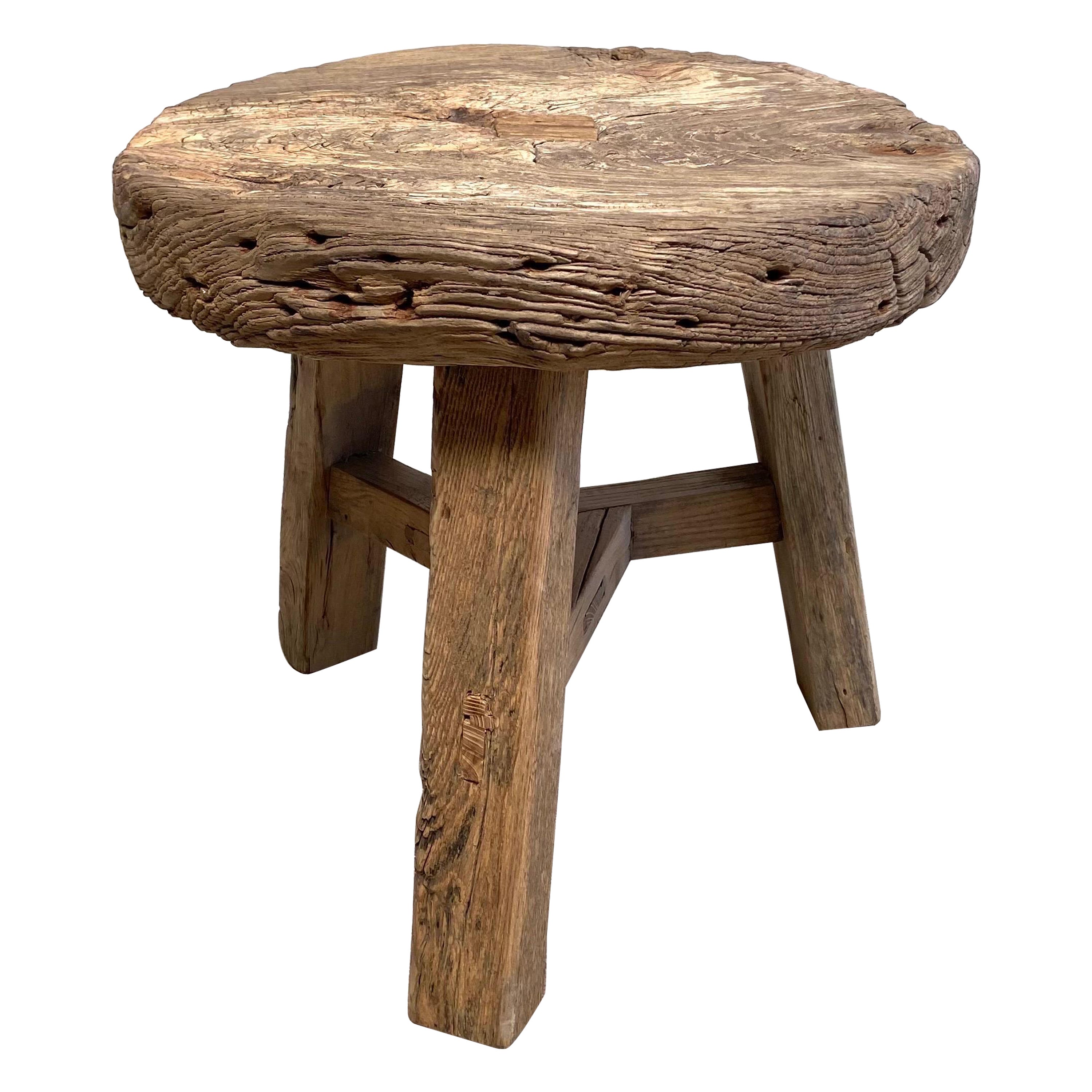 Vintage Elm Wood Wheel Side Table For Sale