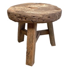 Vintage Elm Wood Wheel Side Table