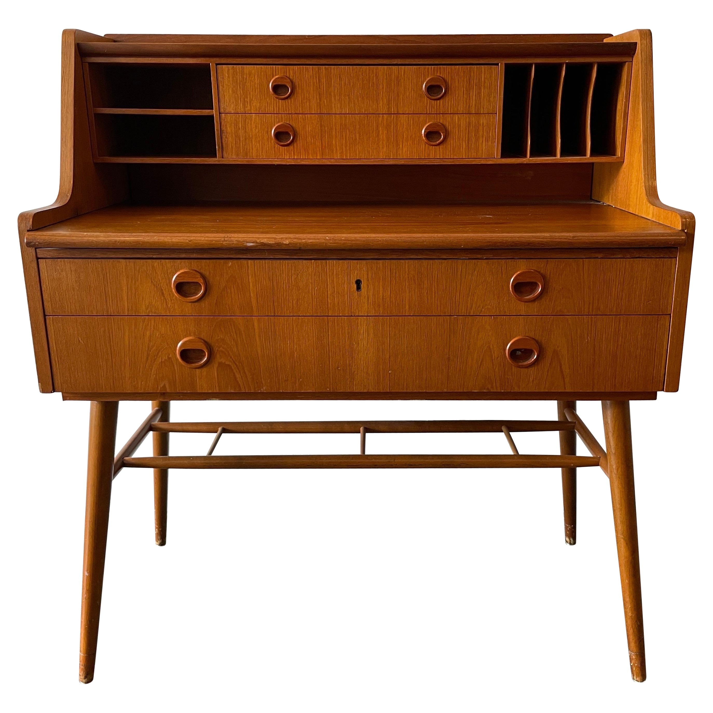 Midcentury Swedish Modern Teak Small Desk 4 Drawer with Key For Sale