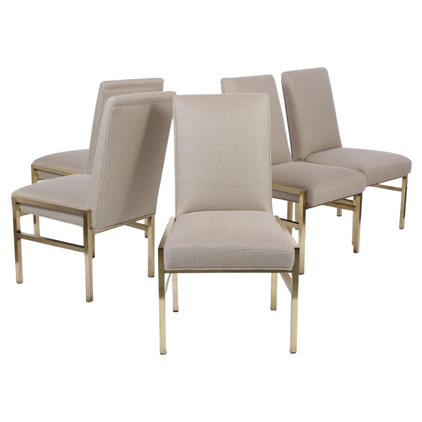 A remarkable mid-century modern 1960s set of eight Mastercraft dining room chairs are hand-crafted out-of-brass and are in great condition, have been completely restored, and are upholstered by our expert professional craftsman team in the house.