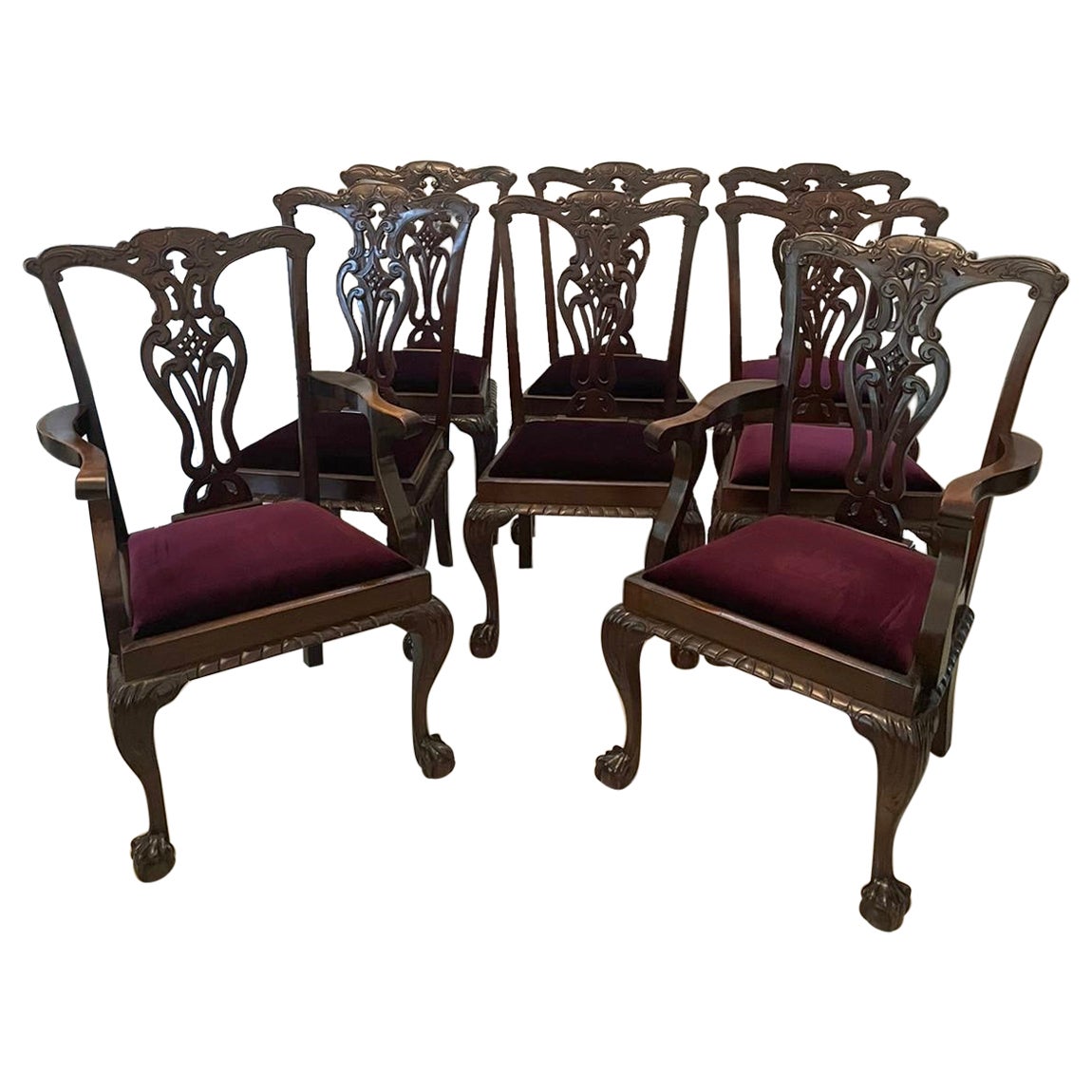 Set of Eight Antique Victorian Quality Carved Mahogany Dining Chairs