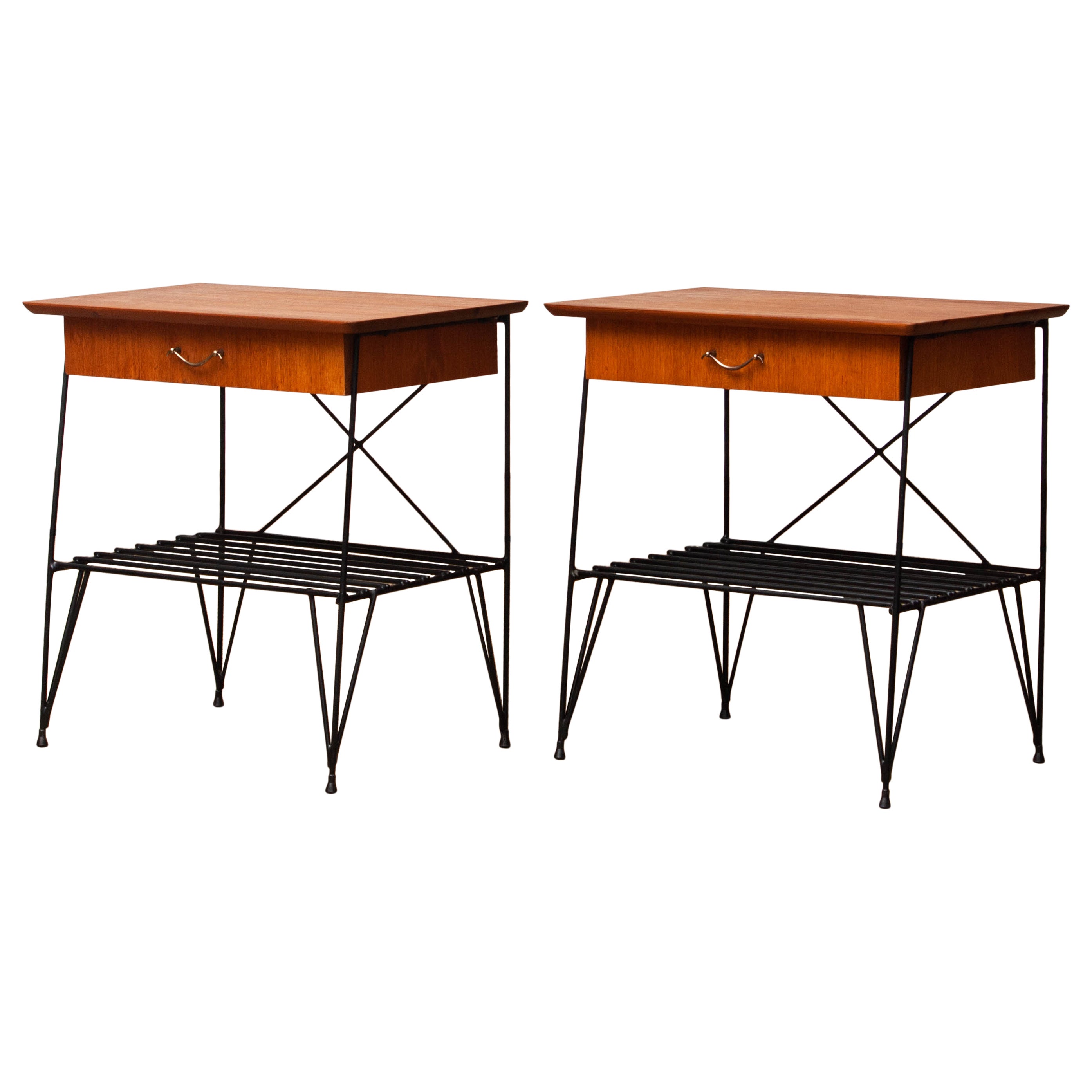 1950s, Pair Teak and Metal Wire Gullberg Style Nightstands Bedside Tables