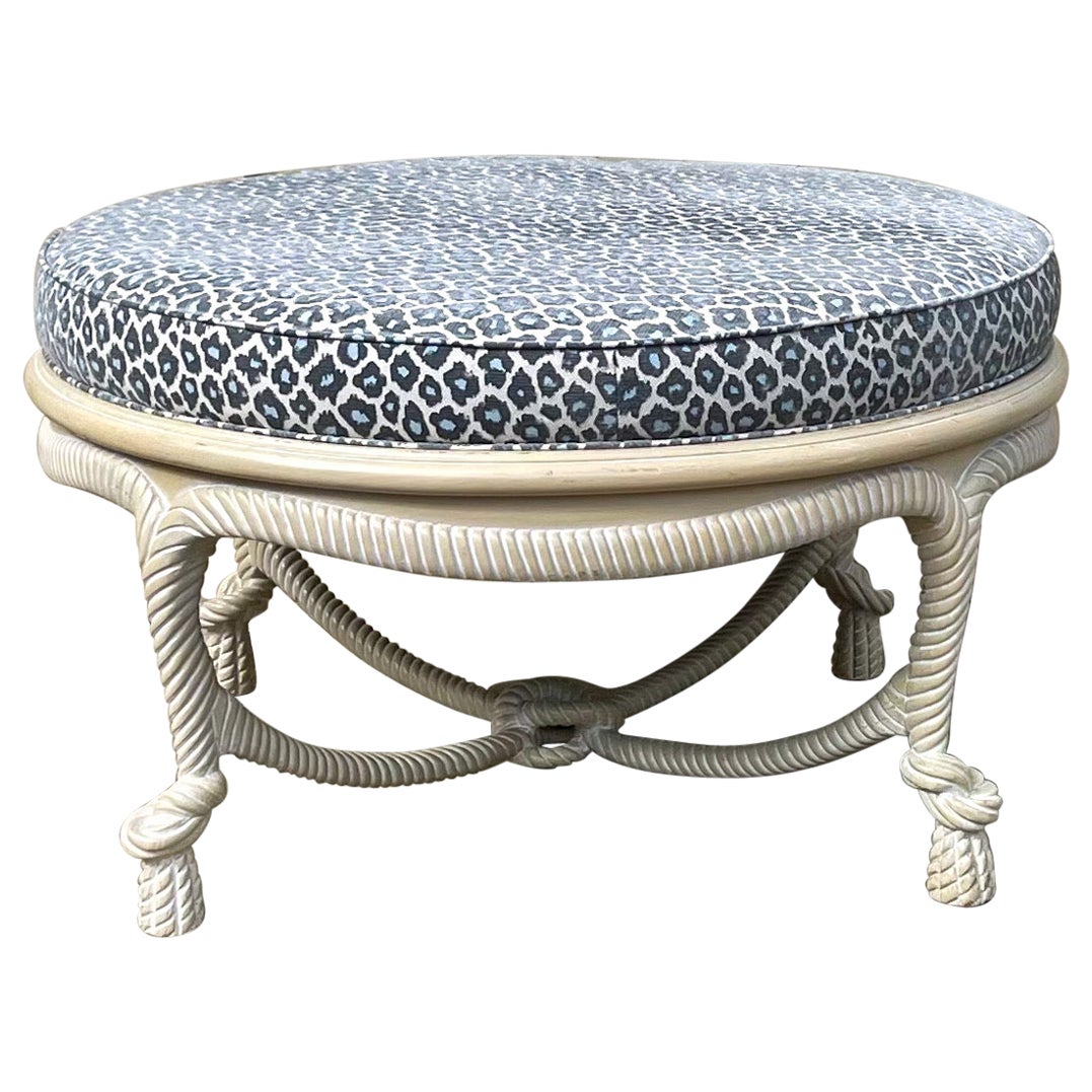 Large Scale Cerused Frame Rope Twist Coffee Table / Ottoman in Leopard Fabric