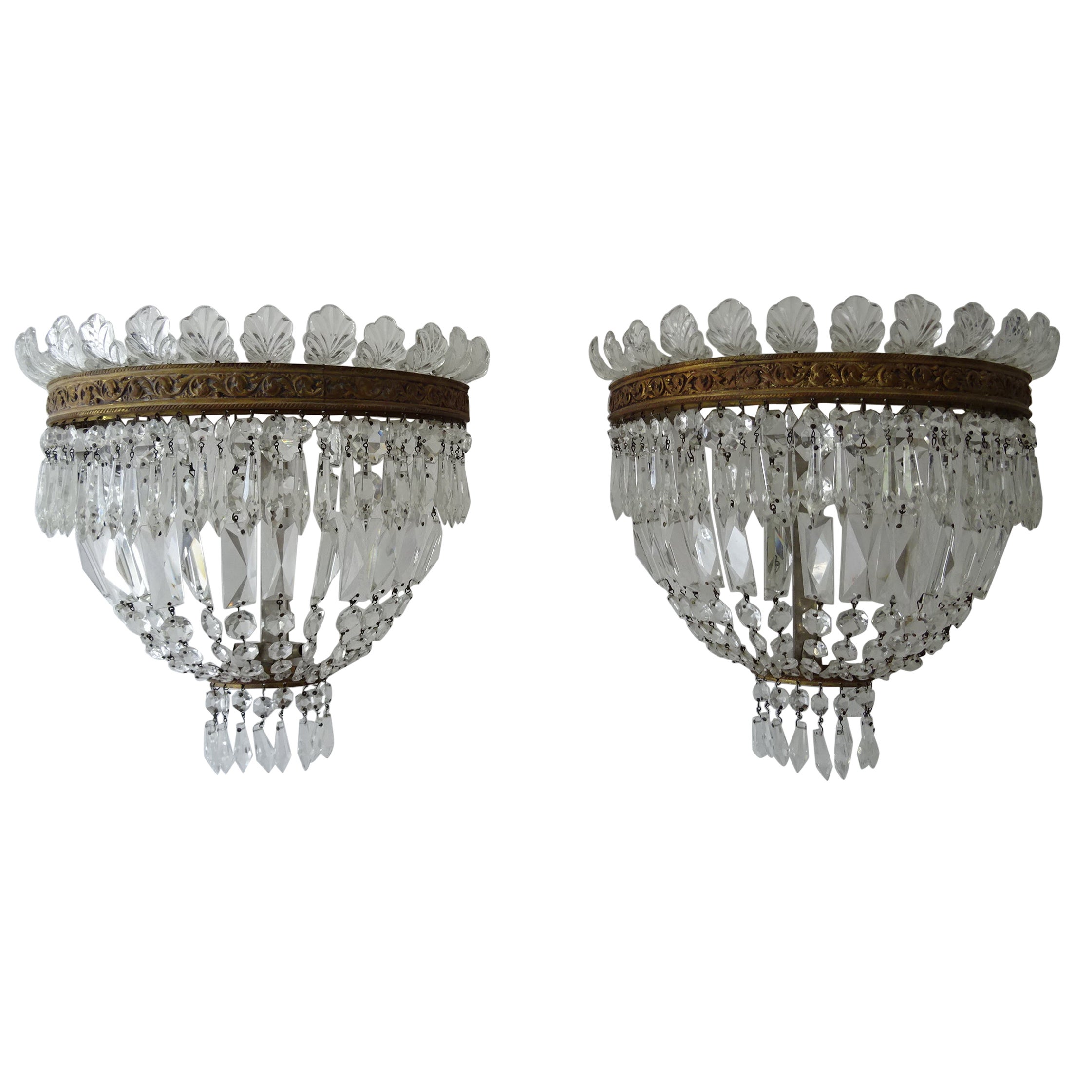 French Huge Empire Crystal Tiered Bronze Sconces, c 1940